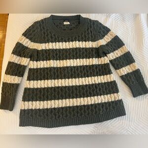 J. Crew Striped Merino Wool Green Ivory Striped Fisherman Sweater, 3/4 Sleeve